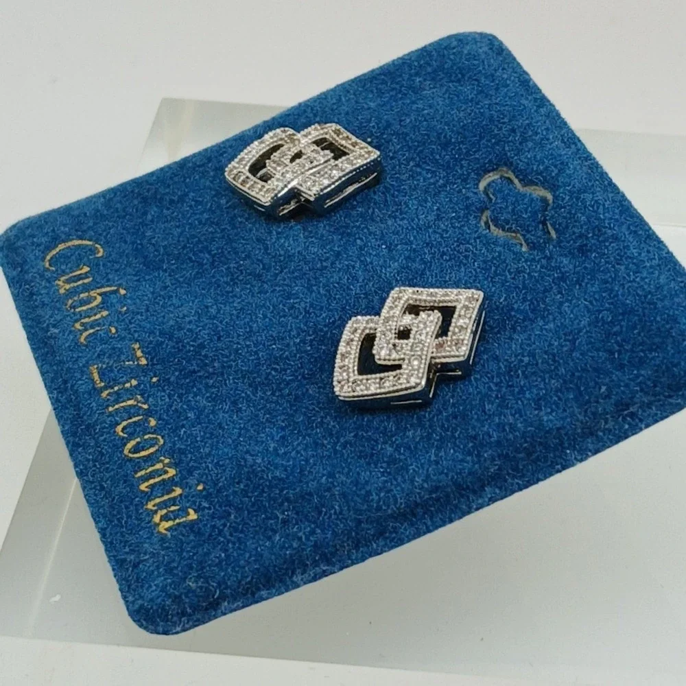 Vintage 1990s‎ Cubic Zirconia Interlocking Square Stud Earrings Silver Tone Rare